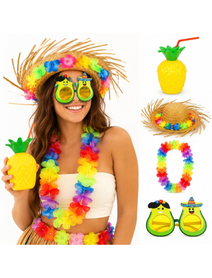4 Parça Hawaii Parti Seti Ananas Bardak Hasır Şapka Avokado Gözlük Çiçek Kolye