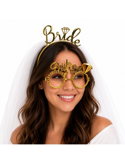 Bride Yazılı Gold Taç Ve Parti Gözlüğü Seti