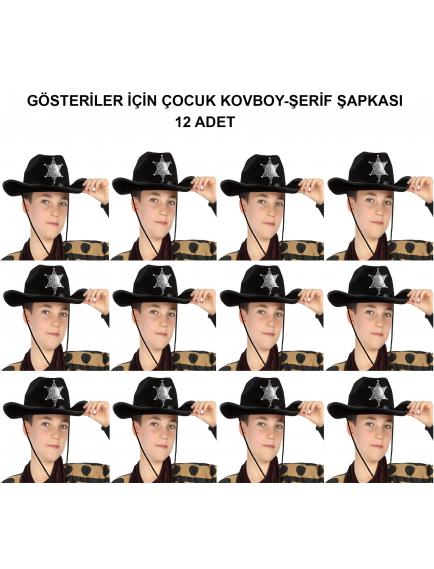 Kovboy Şerif Şapkası Siyah 12 Adet - Kostüm, Parti Ve Gösteri Şapkası