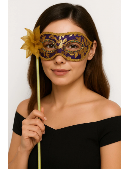Lüks Taşlı Saplı Maskeli Balo Maskesi Mor Renk 35 Cm