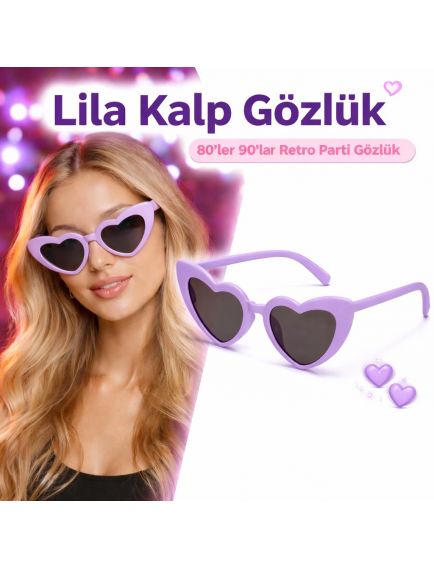 Mor Lila Retro Kalp Gözlük – 80’ler 90’lar Stil Parti Gözlüğü