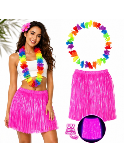 Neon Pembe Hawaii Etek 40 Cm Ve Rengarenk Hawaii Kolye
