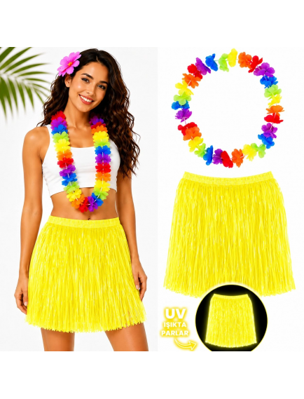 Neon Sarı Hawaii Etek 40 Cm Ve Rengarenk Hawaii Kolye