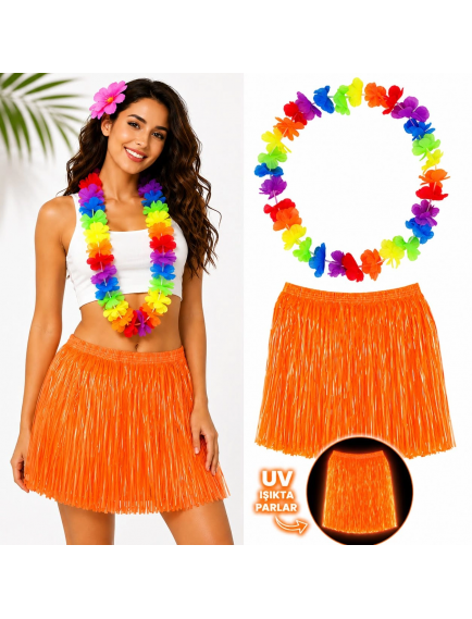 Neon Turuncu Hawaii Etek 40 Cm Ve Rengarenk Hawaii Kolye