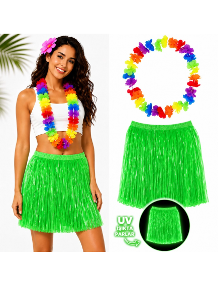 Neon Yeşil Hawaii Etek 40 Cm Ve Rengarenk Hawaii Kolye