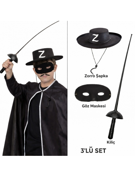 Zorro Kostüm Seti 3’lü Çocuk – Şapka, Maske Ve Kılıç